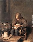 Boy Canvas Paintings - Boy Ridding his Dog of Fleas